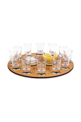 12 Tekila Bardağı. 2 Kase. Ahşap Tekila Tepsisi. Shot Set. Sunum