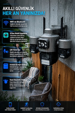 Viva Ics-331 3 Kameralı Akıllı Dış Mekan Ptz Wifi Güvenlik Kamerası 3mp Icsee Aı İnsan Takip Çift Yönlü Ses