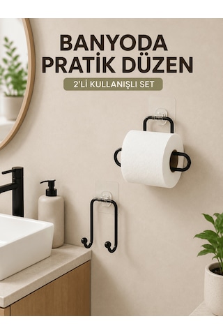 Shnstore Vidasız Banyo Seti Yapışkanlı Tuvalet Kağıdı Tutucu Ve Havlu Askısı 2 Li Set Shntknd0720 ÇoK Renkli