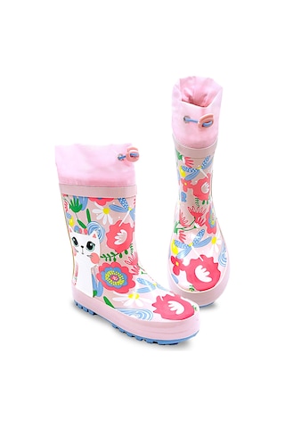 Denokids Kedi Çiçekli Kız Çocuk Pembe Yağmur Botu Renkli