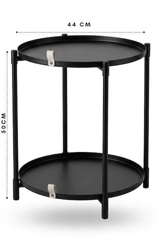 Çift Tepsili Katlanır Orta Yan Yuvarlak Sehpa Metal Ayak - Modern Sehpa 50cm 44 Cm Tepsi Deri Kulplu Mat Siyah