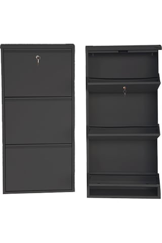 Kilitli 3'lü Metal Ayakkabılık - Siyah