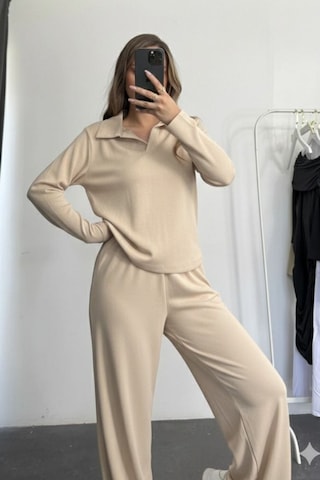 Balenbi Kadın Modal Kumaş Polo Yaka Uzun Kollu Takım 1126 Bej