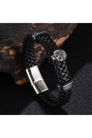 Erkek Örgülü Deri Kurukafa Bileklik Paslanmaz Çelik Erkek Bilezikleri Parti Takıları Hediye Punk Bileklik Siyah