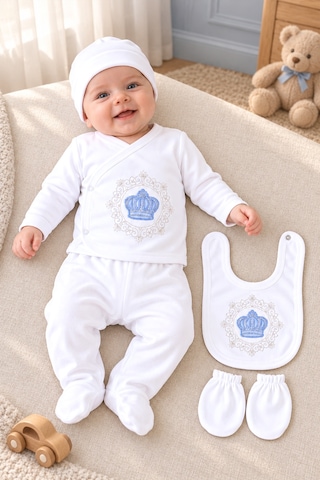 Sitilin Erkek Bebek Taşlı Süslü 5 Li Hastane Çıkışı Yenidoğan Set Stl6260 Beyaz