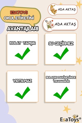 Sevimli Hayvan Temalı Özel İsminiz Yazılı Okul Etiketi Diğer