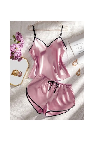 Lilly Yumuşak Kumaş Seksi Saten Pijama Seti - Gül Kurusu Gül Kurusu Pembe Gül Kurusu Pembe