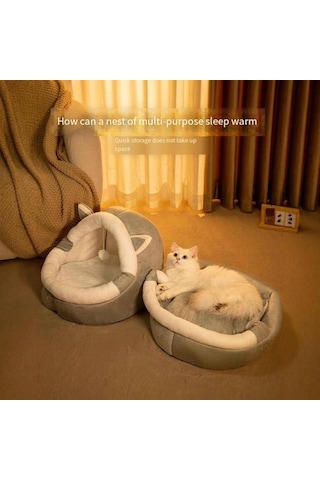 Mufunye Kapalı Kedi Yatakları Kedi Evi Kapşonlu Mağara Tasarımı Peluş Yastıklı Dört Mevsim Evrensel