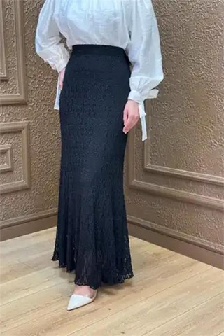 Neşeli Butik Kadın Siyah Dantel Kumaş Maxi Boy Tesettür Etek