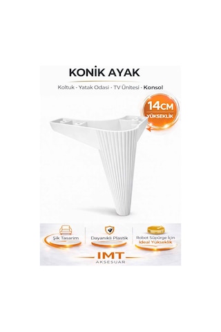 İmt Aksesuar Konik 14 Cm Beyaz Mobilya Ayağı Robot Süpürgeye Uyumlu Koltuk Tv Ünitesi Konsol Ayağı Beyaz