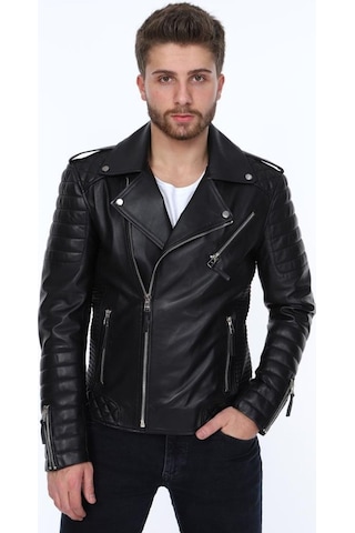 Hakiki Deri Siyah Manuel Fermuarlı Erkek Deri Ceket Siyah