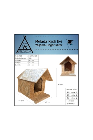 Melada Kedi Evi Dış Ortam Uygun Ahşap Kedi Evi Osb 45x40x40 Cm