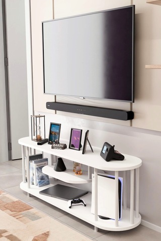 Modern Tv Ünitesi Ahşap Raflı 2 Katlı Televizyon Sehpası Minimalist,dayanıklı, Tv Standı Beyaz Demir Beyaz