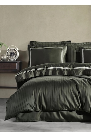 Dantela İmge Nakışlı Pamuk Saten Yollu Nevresim Takımı Haki Haki