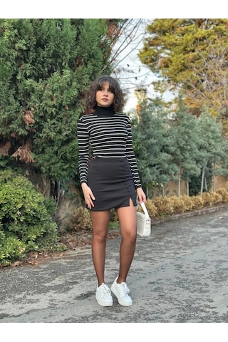 Saklımoda Kadın Çizgili Kaşkorse Kumaş Tam Balıkçı Bluz Siyah
