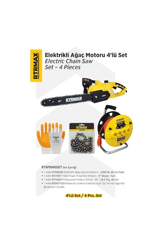 Rtrmax RTM9040SET Elektrikli Ağaç Kesme Motoru Eldiven + Testere Zinciri + Makaralı Uzatma Kablosu 4'lü Set