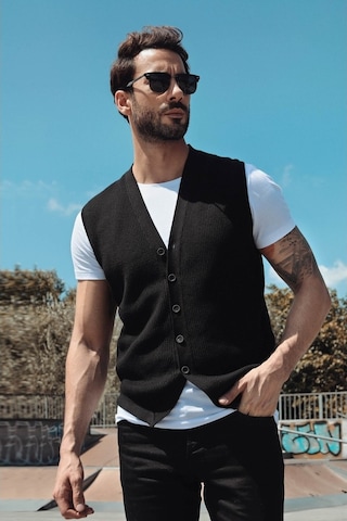 Ferraro Desenli Pamuk Triko Yelek - Siyah-Siyah