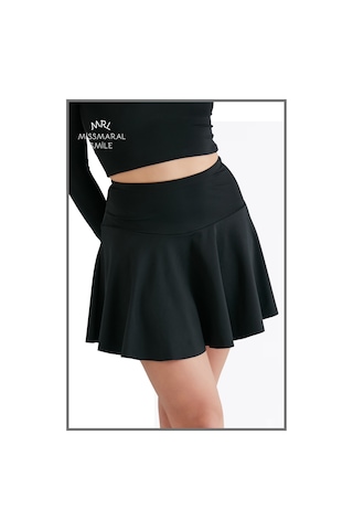 Büyük Beden Etek Içi Şortlu Siyah Yüksek Bel Volanlı Deniz Şortu Skirt With Shorts Curve Siyah