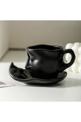 Seramik Yüz Desenli Kupa Bardak Siyah