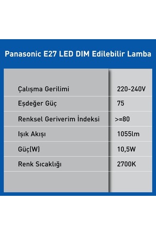 Panasonıc E27 Led Dimli Lamba, Sarı Işık 10.5w 1055lm 2700k Sku: Smg8690010174116 Açık Kahverengi