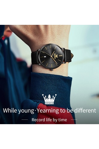 Olevs 5869 Erkekler İş Su Geçirmez Hakiki Deri Kayış Kuvars Saat Siyah