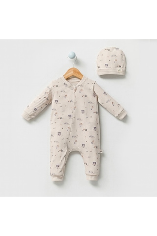 By Bubbles Çiftçi Desen Şapkalı Erkek Bebek Tulum Bej