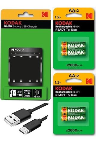 Pil Şarj Aleti Cihazı Usb Kablolu 4 Adet Kalem Pili Aa 2600 Mha Dolabilen Pil 4 Lü 1 Paket Doldurulabilen