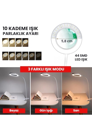 Upway 5x Cam Büyüteçli Led Masa Lambası - 3 Renk Modlu Tamir Ve Hobi Lambası Beyaz