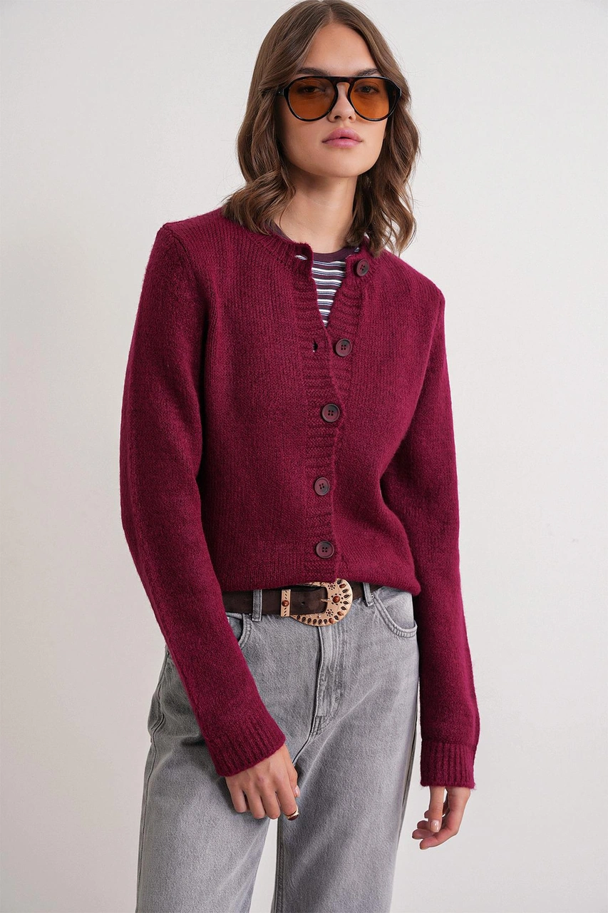 6951 Kadın Bisiklet Yaka Düğmeli Triko Kısa Hırka Bordo Bordo