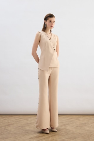 Sateen Yanları İnci Aksesuarlı Pantolon - Bej-136824 Bej