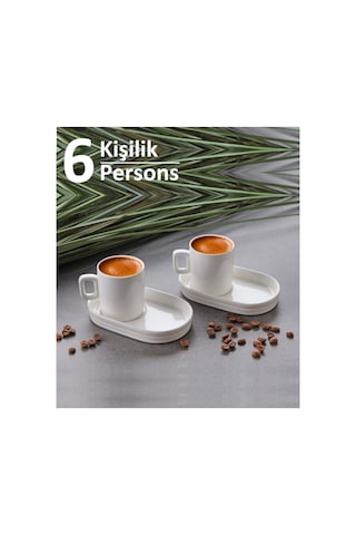 6 Kişilik Oval Sunumluklu Sade Porselen Türk Kahvesi Kahve Fincanı Takımı Seti Beyaz