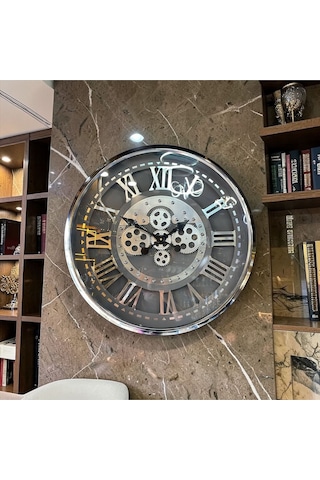 Roma Rakamlı Endüstriyel Metal Duvar Saati Dişli Mekanizmalı Vintage Dekor Saat Gümüş Gümüş