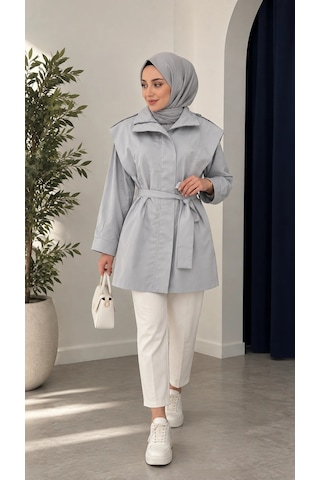 Nevayla Moda Kuşaklı Fermuarlı Mevsimlik Trençkot - Gri / M0116