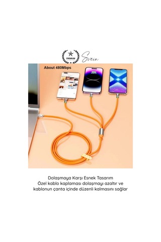 Şarjkablosu 3in1 Manyetik Hızlı Şarj Kablosu 120w Type C Lightning Micro Usb Çinko Alaşımlı 1.2 Met