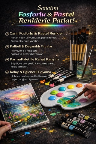Premium Akrilik Boya Seti 12 Renk 6 Neon & 6 Pastel +fırça Seti+palet Hobi & Profesyonel Kullanım Krem