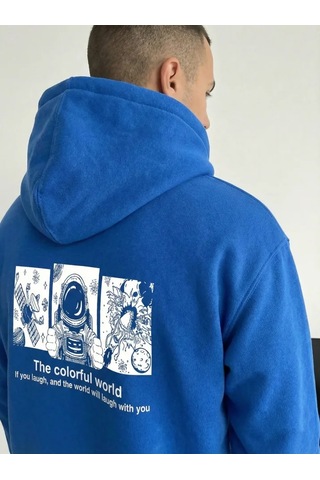 Veraura Lifestyle Erkek Kapüşonlu Oversize Üç İplik Pamuklu Astronot Temalı Renkli Dünya Baskılı - Saks Mavisi