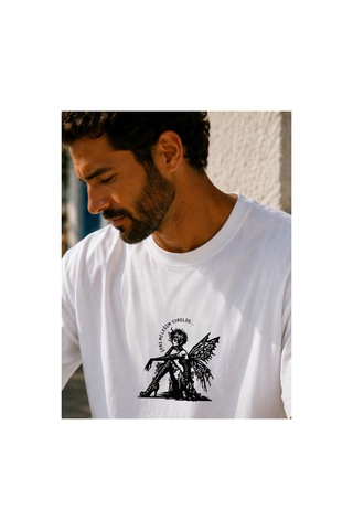 Qmen Style Unisex Beyaz Oversize Baskılı T-shirt Espirili Şans Melağim Baskılı %100 Pamuk