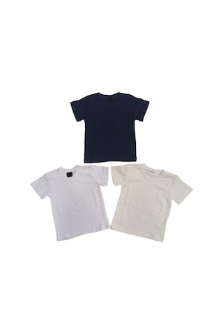 Özdemirli Bebe Basic Düz Bisiklet Yaka Kısa Kollu Likralı Badi Sweat T-shirt 3 Lü Paket Krem-lacivert-beyaz Beyaz-krem-lacivert