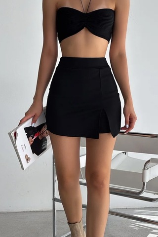 Slim'n Lift Yüksek Bel Slim Fit Mini Şort Etek Kadın Siyah Toparlayıcı Spor Günlük Siyah Şort