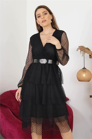 Neşeli Butik Kadın Kemerli Eteği Kat Kat Yeni Sezon Tül Elbise Nb10006 Siyah
