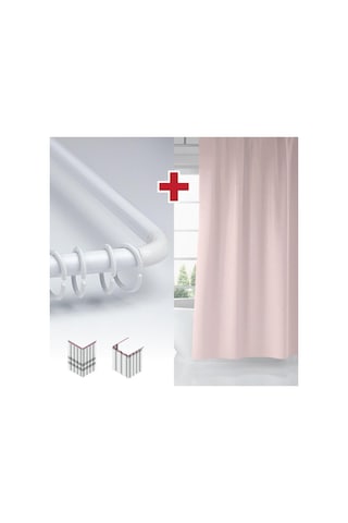Tropik Home Pembe Renk Banyo Perdesi Askı 180x200cm Pudra Tek Kanat Duş Perdesi, L Boru Çok Renkli