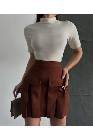 Kadın Acı Kahve Kargo Cep Detaylı Pileli Mini Etek-kahve Kahve