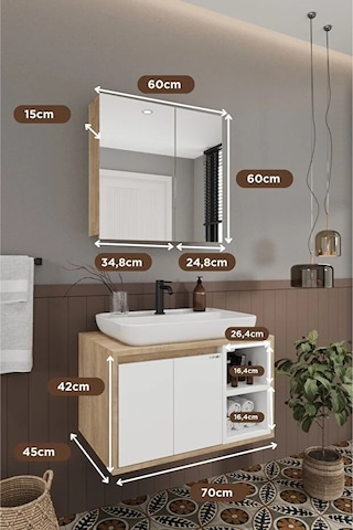 Lale Beyaz 70 Cm %100 Mdf Lavabolu Banyo Dolabı + Aynalı Dolap Beyaz Meşe