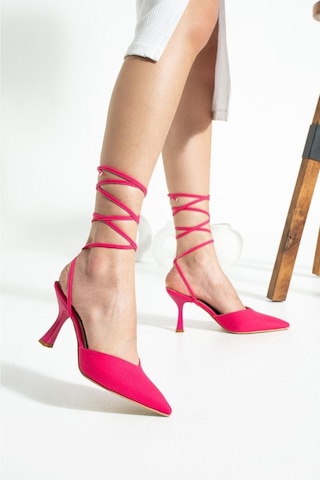Duxal Shoes Fuşya Ipli Bilekten Bağlamalı Saten Kadın Topuklu Ayakkabı Fuşya