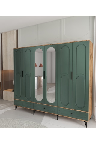 Derin 6 Kapaklı Çekmeceli Gardırop - Tamamı Mdf Yeşil