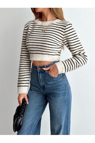 Saklımoda Kadın Uzun Kollu Balıkçı Yaka Crop Triko Bluz Beyaz