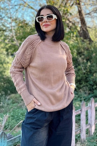 WeShaya Kadın Kahve Yüksek Yaka, Desenli Uzun Kol Detaylı, Yumuşak Dokulu, Salaş Triko Kazak Kahve