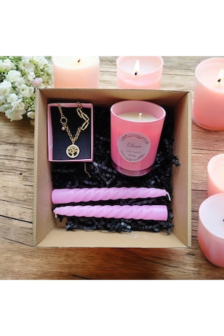 Denic Hediye Seti Kokulu Pembe Bardak Mum Yaşam Agacı Kolye Burgulu Mum