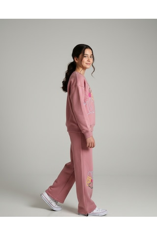 Kız Çocuk Çiçek Nakışlı 3 İplik Şardonlu Eşofman Takımı Pembe