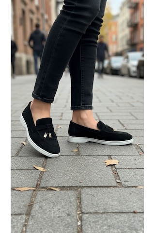 Dabab Shoes Lupy Kadın Süet Düz Taban Rahat Günlük Casual Babet Ayakkabı Siyah